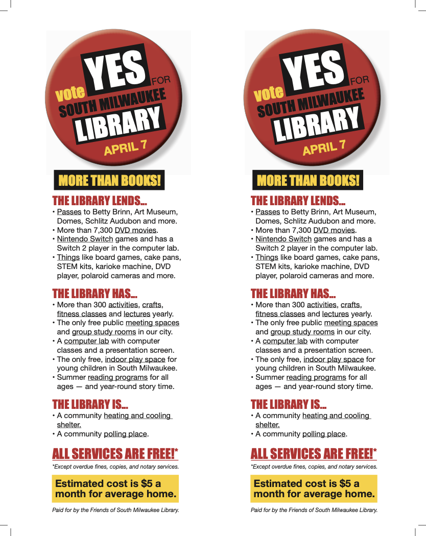 Campaign bookmark showing the Vote YES button logo and a detailed list of everything the library lends, has, and is